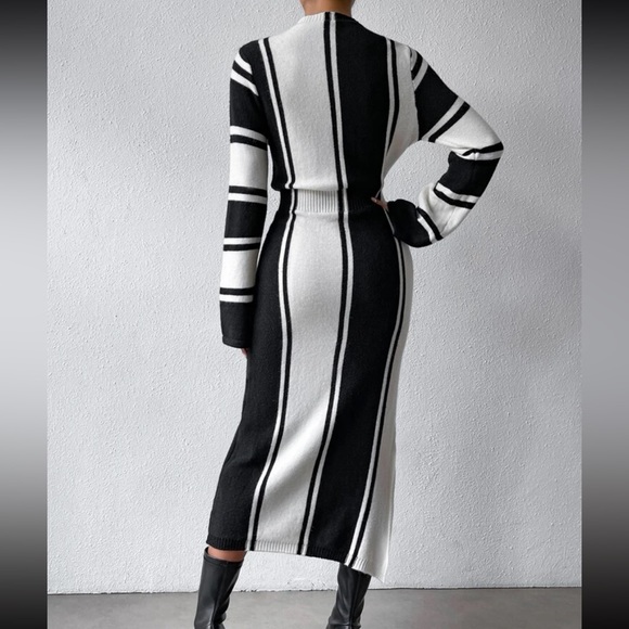 Cozy Striped Pattern Slit Hem Sweater Dress - Picture 2 of 6